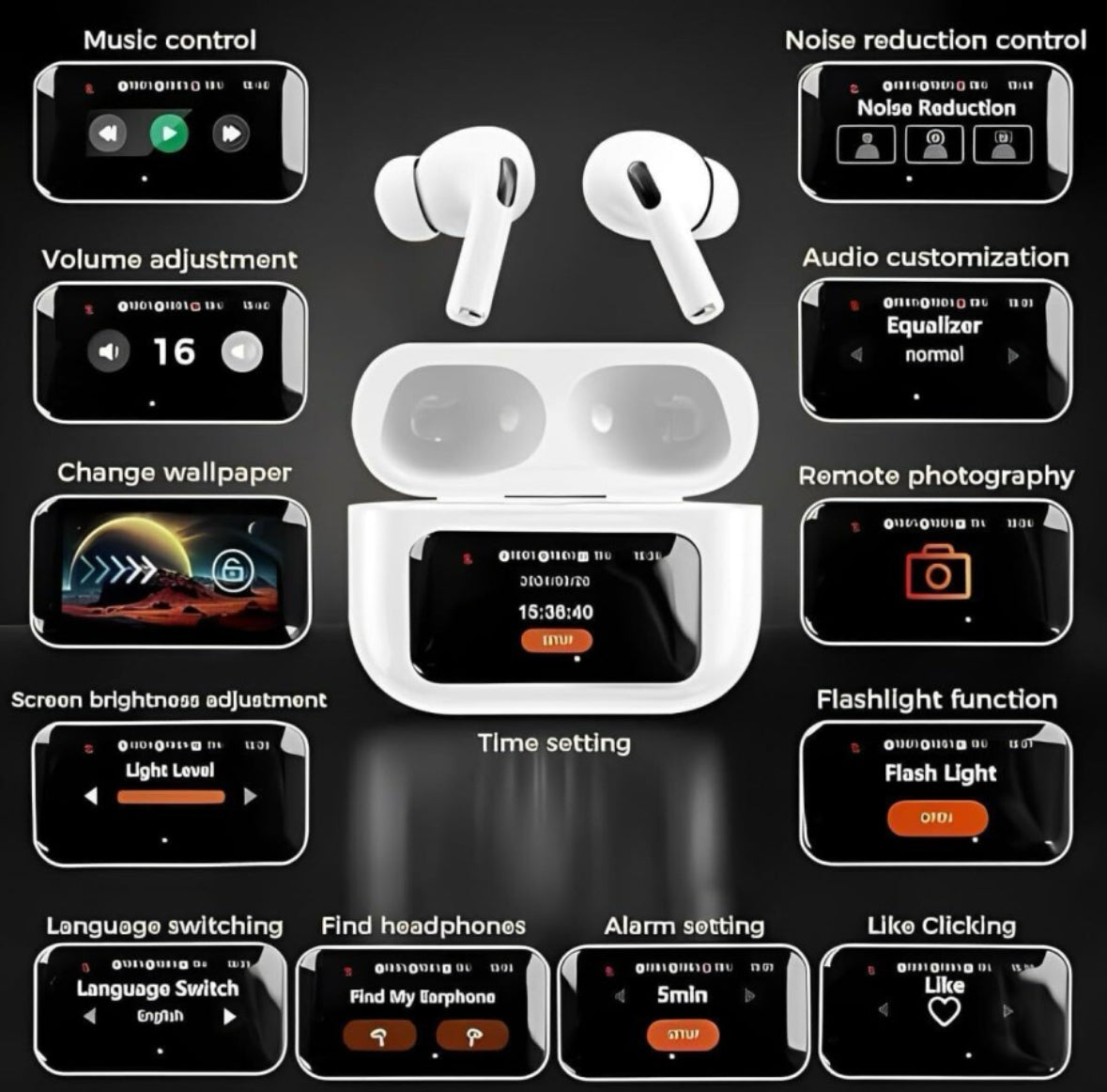 wireless earbuds Bluetooth airpods LCD full colour smart display Touch screen earpods pro